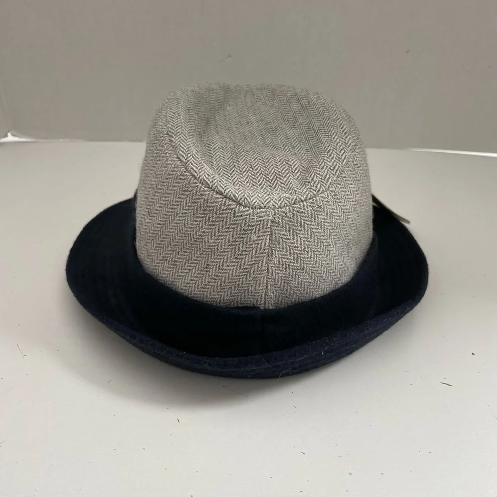 Mudpie Hat Fedora Herringbone Band Ribbed Brim Two Toned Grey Navy Blue
